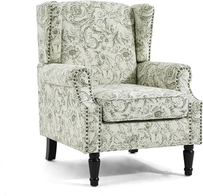 UIXE High Back Accent Chair, Fabric Upholstered Armchair for Living Room, Floral Printed Wingback Arm Chair with Solid Wood Legs, Retro Nailhead Trim Single Sofa Bedroom Reading Seat - Rococo Green