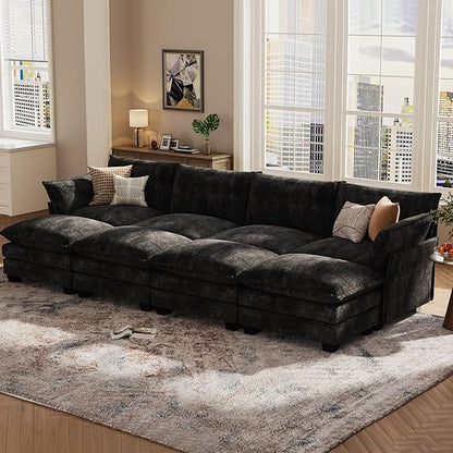 KKL 120" Huge Modular Sectional Sofa Bed, 8 Seater Convertible J/L/U-Shaped Sleeper Cloud Couch with Ottoman, Chenille Sectional Couches for Living Room, Apartment, Black