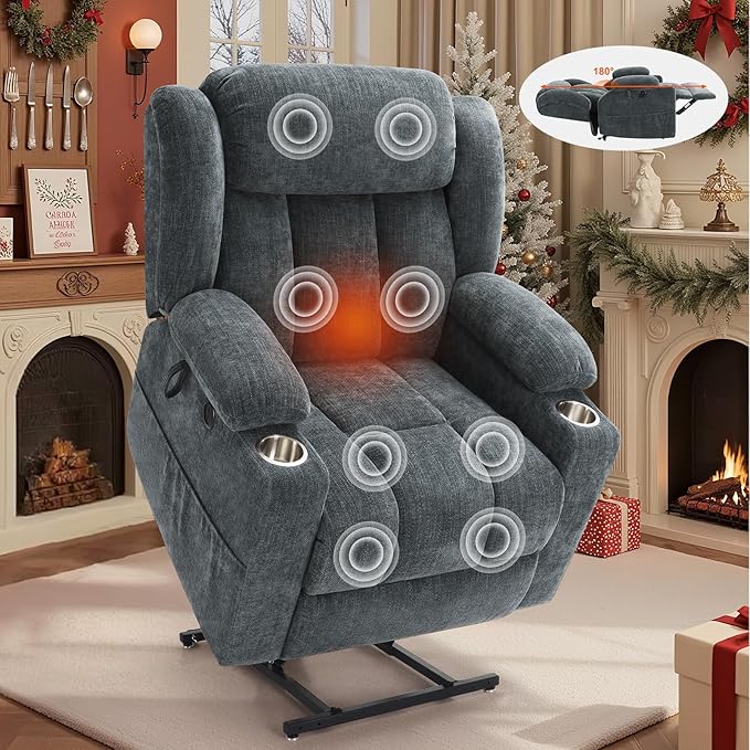 Dual Motor Power Lift Recliner Chair for Elderly, Heavy Duty Steel Chenille Fabric High-Density Sponge, USB & Type-C Port Blue Standing Assistance Reclining Chair with Massage and Heat