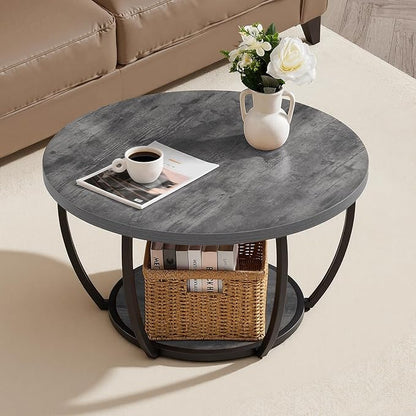 VEVOR Coffee Table, Modern Round Coffee Table, 2 Tiers Wooden Circle Center Desk with Open Storage, Minimalist Sturdy Metal Frame Accent End Desk for Living Room, Office, Easy Assembly, Grey
