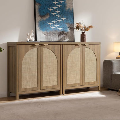 SICOTAS Rattan Sideboard Buffet Cabinet with Storage, Mid Century Modern Credenza Storage Cabinet with Arch Doors & Shelves Farmhouse Coffee Bar Media Console Cabinets for Living Room, Entryway
