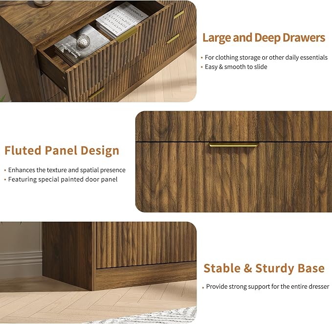 Fluted 8 Drawer Double Dresser Wood,55” Wide Bedroom Dresser Mid Century Chest of Drawers Wooden with Gold Handle,Dressers TV Stand for Bedroom,Living Room,Walnut