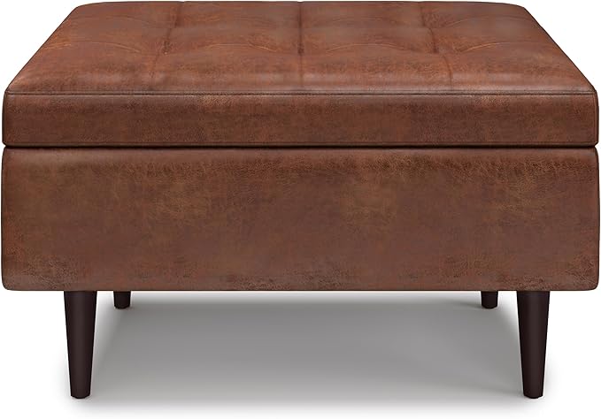 SIMPLIHOME Shay 34 inch Wide Mid Century Modern Small Rectangle Coffee Table Storage Ottoman in Distressed Saddle Brown Vegan Faux Leather, Assembled, For the Living Room, Entryway and Family Room