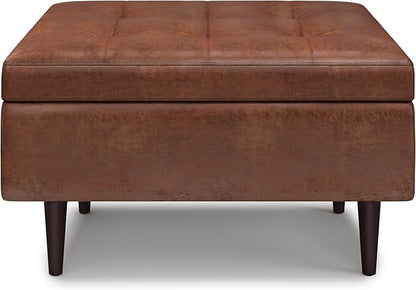 SIMPLIHOME Shay 34 inch Wide Mid Century Modern Small Rectangle Coffee Table Storage Ottoman in Distressed Saddle Brown Vegan Faux Leather, Assembled, For the Living Room, Entryway and Family Room