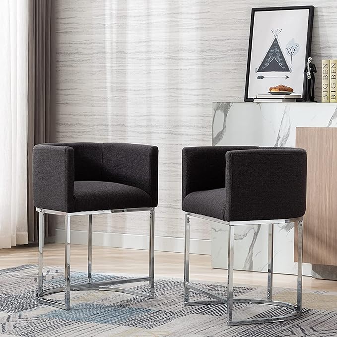 Contemporary Charcoal Linen Bar Stools Set of 4, 24" Upholstered Fabric Counter Height Barstools Kitchen Counter Island Stools with Screwed Together Chrome Finish Base