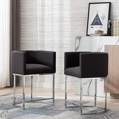 Contemporary Charcoal Linen Bar Stools Set of 4, 24" Upholstered Fabric Counter Height Barstools Kitchen Counter Island Stools with Screwed Together Chrome Finish Base