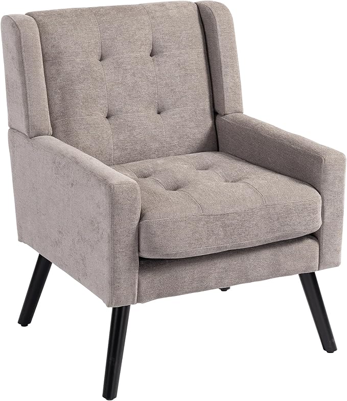 Mid-Century Modern Accent Chair, Plush Linen Fabric with Button Tufted High Back & 5" Thick Cushion, High Comfort Reading Chair for Living Room, Bedroom, Office (Light Gray)