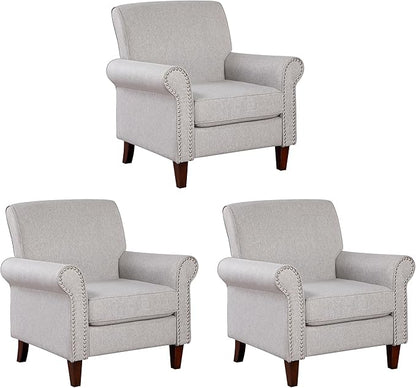 Prilinex Upholstered Living Room Chair Set of 3 - Large Comfy Fabric Accent Chair Single Sofa with Cushion, Rolled Armrest & Nailhead Trim, Mid Century Modern Armchair for Bedroom, Office, Grey