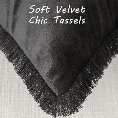 FUTEI Black Velvet Decorative Throw Pillow Covers 16x16 Set of 2,Soft Cozy Edge with Tassels Cushion Case,Boho Modern Home Decor for Couch Bed Living Room