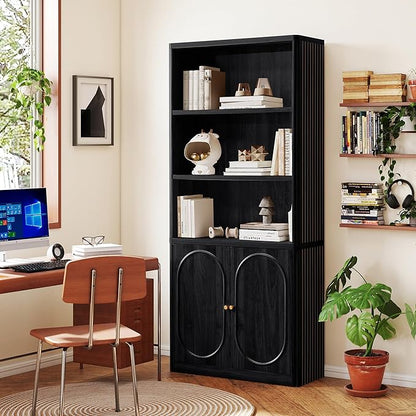 70.8" Tall Fluted Bookshelf with Storage Cabinet, Modern 5-Tier Wood Bookcase with Open Display Storage Shelf, Gold Handles for Office Living Room (Black)