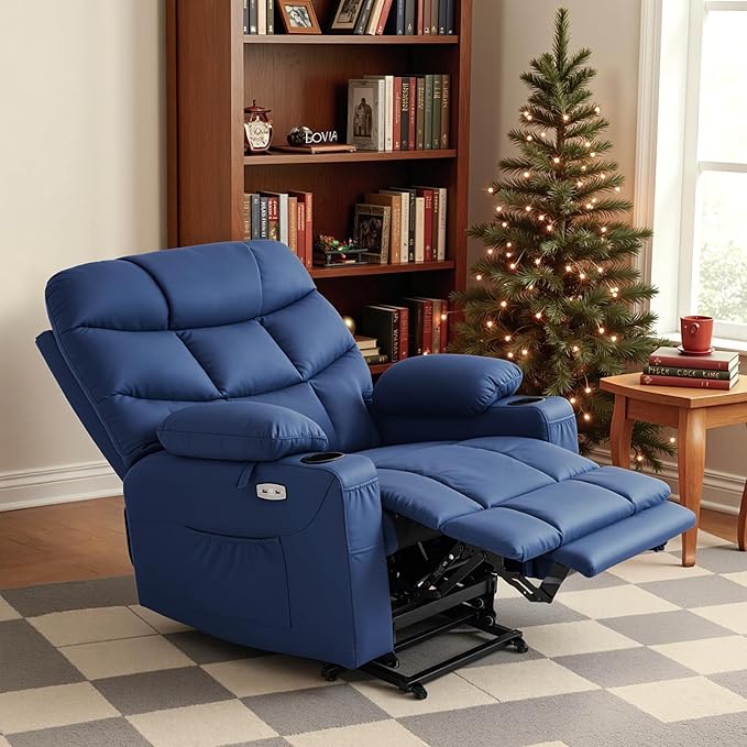 MCombo Oversized Power Lift Recliner Chair with Extended Footrest for Elderly People, Faux Leather R7289 (Navy Blue, Oversize)