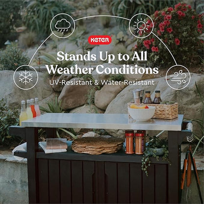 Keter Outdoor Rolling Table Cart for Food Prep, Storage, Bar & Grill, Dark Brown - Portable Kitchen Island Tabletop with Wheels for Drinks, Snacks, and Cooking