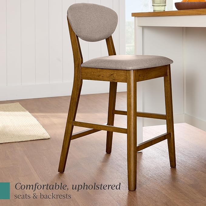 Best Choice Products Bar Stool Set of 2, Mid-Century Modern Upholstered Wood, Armless Counter Height w/Seat Cushion, Backrest - Walnut/Gray
