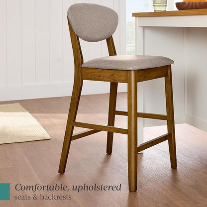 Best Choice Products Bar Stool Set of 2, Mid-Century Modern Upholstered Wood, Armless Counter Height w/Seat Cushion, Backrest - Walnut/Gray