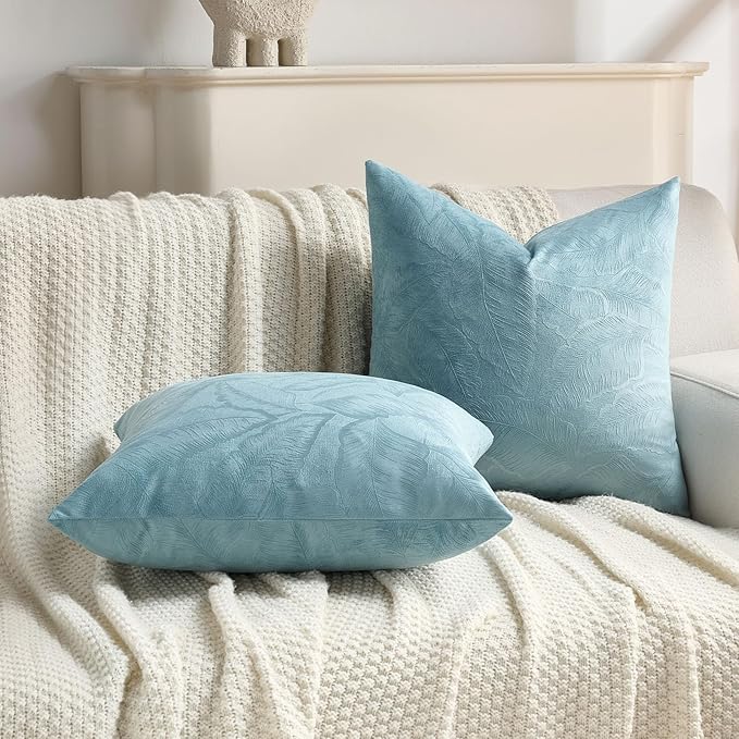 FUTEI Grey Blue Velvet Throw Pillow Covers 26x26 Inch Set of 2,Soft Embossed Leaf-Relief Textured Euro Pillow Shams,Natural Home Decor for Couch Living Room