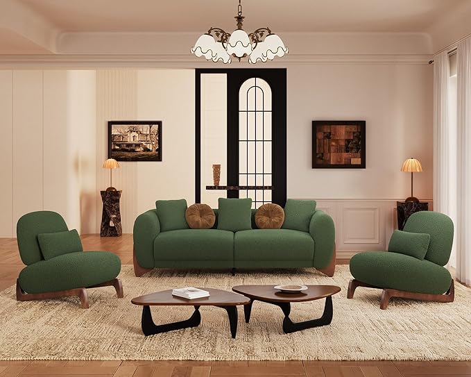 Morden Fort Sherpa Boucle Chair Single, Tilted Modern Wood Sofa Chair with Thick Cushion Comfortable Lumbar Pillow Armless Reading Accent Chairs Compatible with Sofa Set Couch for Living Room, Green