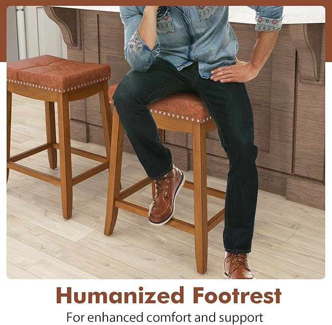 COSTWAY Saddle Bar Stools Set of 4, 25-Inch Counter Height Barstools w/PU Leather Seat, Solid Rubber Wood Frame, Footrest, Mid-Century Backless Counter Stools for Kitchen Island Home Bar