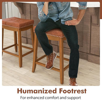 COSTWAY Saddle Bar Stools Set of 4, 25-Inch Counter Height Barstools w/PU Leather Seat, Solid Rubber Wood Frame, Footrest, Mid-Century Backless Counter Stools for Kitchen Island Home Bar
