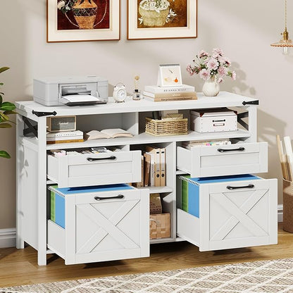 Filing Organization Storage Cabinets 4 Drawer with Adjustable Shelf, Lateral Filing Cabinet with Open Storage Shelf for Home Office, Farmhouse File Cabinets for Hanging Files Letter/A4.(White)