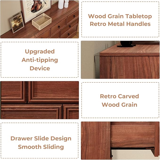 Farmhouse 10 Drawer Dresser for Bedroom – 63'' Long Dresser Wood Chest of Drawers,TV Stand for 75 inch TV, Storage Organizer Furniture, Hallway, Entryway, Closet, Cherry Wood