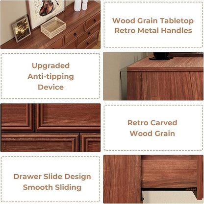 Farmhouse 10 Drawer Dresser for Bedroom – 63'' Long Dresser Wood Chest of Drawers,TV Stand for 75 inch TV, Storage Organizer Furniture, Hallway, Entryway, Closet, Cherry Wood