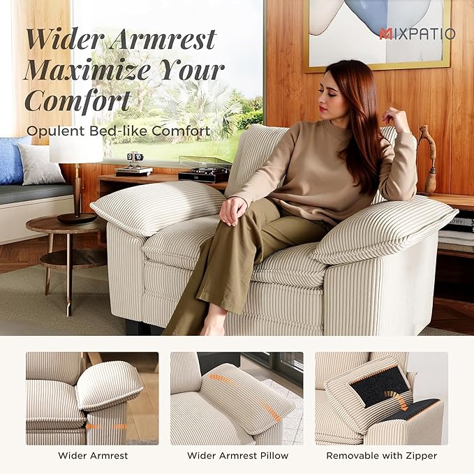53.5" Modular Sectional Single Sofa, Soft Plush Corduroy Armchair with Comfortable Deep Seat & Removable Arms for Living Room，Beige