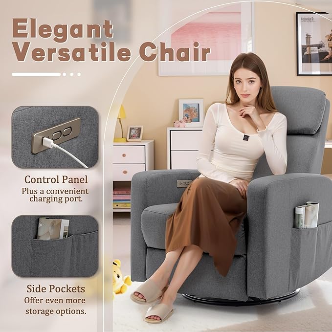 Power Swivel Recliner Chairs for Adults, Electric Glider Rocking Chair Nursery, Glider Recliner Nursery Chair with Classified Side Pocket, Nursery Rocking Chairs with USB and Type-C Ports