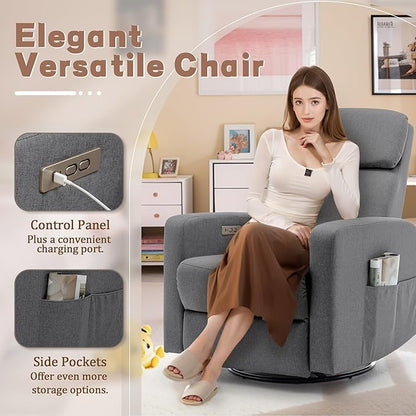 Power Swivel Recliner Chairs for Adults, Electric Glider Rocking Chair Nursery, Glider Recliner Nursery Chair with Classified Side Pocket, Nursery Rocking Chairs with USB and Type-C Ports