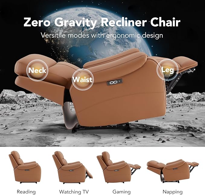 CHITA Large Power Zero Gravity Recliner Chair, Genuine Leather Recliner Chair for Adults with Adjustable Power Headrest and Hidden Slide-Out Cupholders, USB and Type-C Ports, Saddle