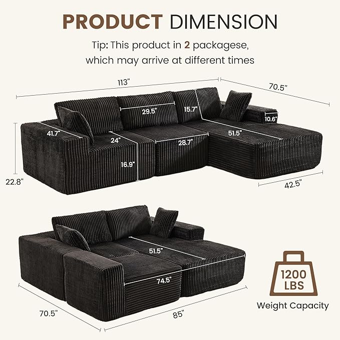 Apicizon 113" Sectional Sofa Couch for Living Room, 3 Seat Boneless Sofa with Chaise Longue, L-Shape Modular Sectional Couches with Deep Seat for Apartment，No Assembly Required (Stripe Corduroy Black)