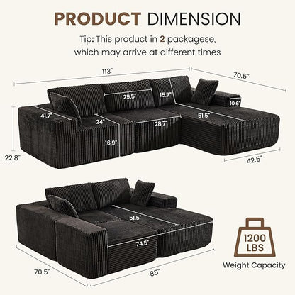 Apicizon 113" Sectional Sofa Couch for Living Room, 3 Seat Boneless Sofa with Chaise Longue, L-Shape Modular Sectional Couches with Deep Seat for Apartment，No Assembly Required (Stripe Corduroy Black)