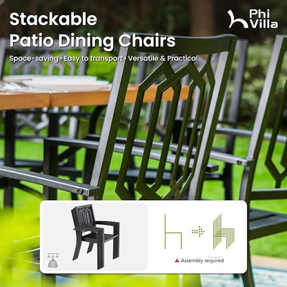 PHI VILLA Set of 6 Stackable Wrought Iron Patio Dining Chairs, Portable Black Outdoor Bistro Deck Metal Chairs, Support 300 lbs, Ideal for Garden, Backyard, Lawn