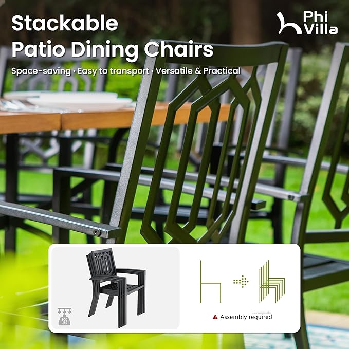 PHI VILLA Set of 2 Stackable Wrought Iron Patio Dining Chairs, Portable Black Outdoor Bistro Deck Metal Chairs, Support 300 lbs, Ideal for Garden, Backyard, Lawn