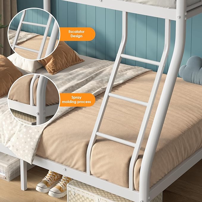 Bunk Beds Twin Over Full Size, Heavy Duty Metal Bunk Bed Frame with Angled Ladder for Teens and Adults, for Spaces-Saving, Smooth Rounded Edges, Noise Free & Easy Assembly, White