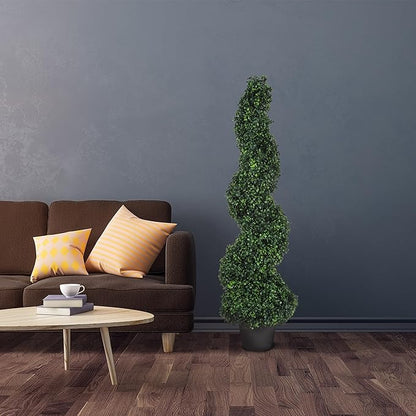 Pure Garden Faux Tree Boxwood Topiary Plant (Set of 2) - 50-Inch Spiral Artificial Tree with Realistic Leaves and Planter - Indoor and Outdoor Artificial Plants for Home Decor