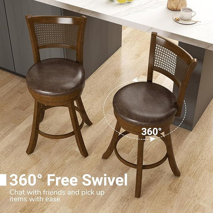 COSTWAY 25” Swivel Counter Height Barstools Set of 4, Rubber Wood Bar Stools with Rattan Backrest, Footrest, Upholstered Leathaire Armless Chairs for Kitchen Island, Pub, Brown (4, 25” Seat Height)