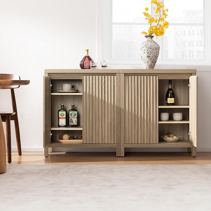 SICOTAS Sideboard Buffet Cabinet with Storage, Fluted Credenza Console Cabinet with Adjustable Shelves, Farmhouse Coffee Bar Storage Cabinets for Kitchen, Living Room, Entryway, Light Oak, 3 PCS
