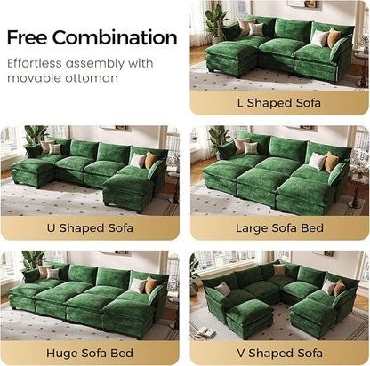 KKL 120" Modular Sectional Sofa, Large V Shape 7 Seater Convertible J/L/U-Shaped Modern Sectional Couch with Ottoman, Chenille Sectional Couches for Living Room, Apartment, Green