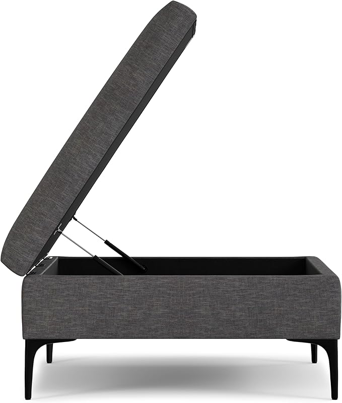 SIMPLIHOME Rebecca 36 inch Wide Contemporary Square Mid Century Coffee Table Storage Ottoman with Lift Up Lid in Slate Grey Polyester Linen, Assembled, For the Living Room, Entryway and Family Room