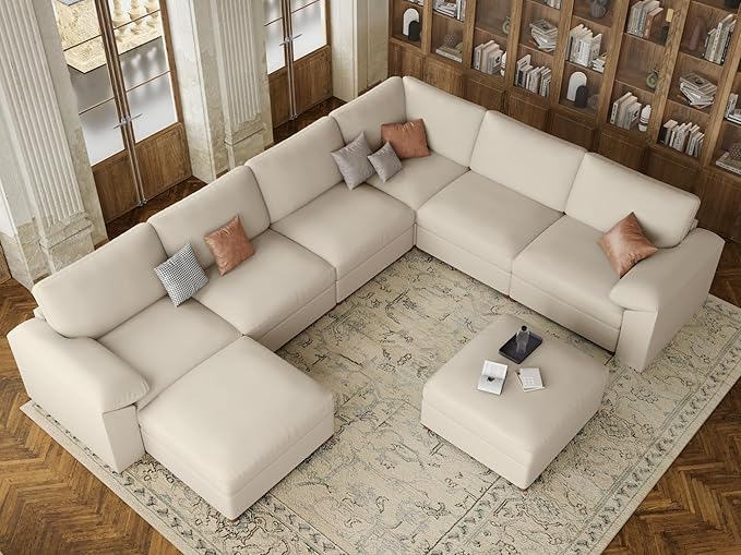 EASE MOOSE Modular Sectional Sofa, Oversized Faux Leather Sectional with Ottoman, Wide Deep Modular Couch, Scratch Resistant Faux Leather Material, U Shaped Couch for Big Spaces, Beige