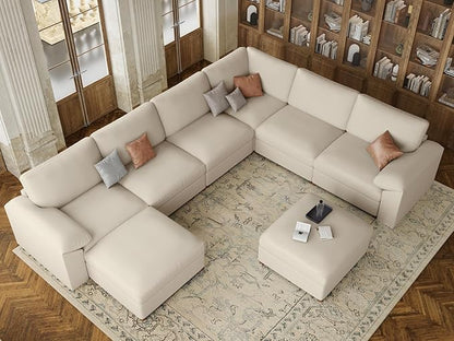 EASE MOOSE Modular Sectional Sofa, Oversized Faux Leather Sectional with Ottoman, Wide Deep Modular Couch, Scratch Resistant Faux Leather Material, U Shaped Couch for Big Spaces, Beige