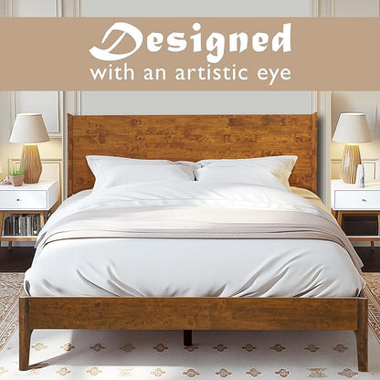 Acacia Haven King Wooden Bed Frame, 100% Solid Wood Platform Bed with Headboard, All Mattress Support & No Box Spring Needed, Effortless Assembly, 800 lbs Capacity, Caramel.