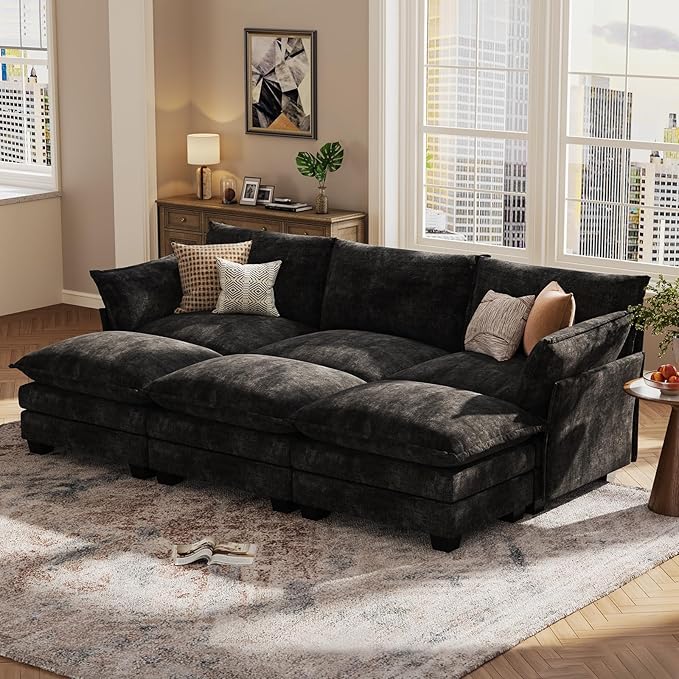 KKL 91.3" Large Modular Sectional Sofa Bed, 6 Seater Convertible J/L-Shaped Sleeper Cloud Couch with Ottoman, Chenille Sectional Couches for Living Room, Apartment, Black