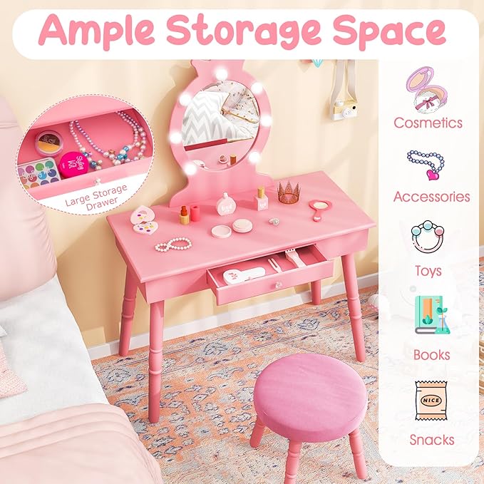 Costzon Kids Vanity, Girls Vanity Set with Mirror and Stool and Lights, Drawer, 2 in 1 Wooden Makeup Vanity Desk Dressing Table, Kids Vanity Table and Chair Set (Pink)