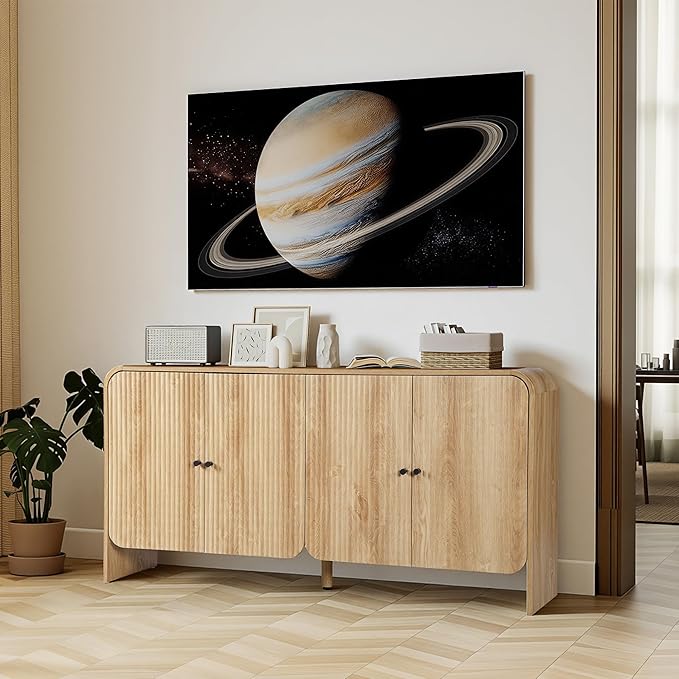 Fluted Sideboard Buffet Cabinet with Storage, 59'' Curved Buffet Cabinet with 4 Doors & Shleves, Modern Credenza Wood Coffee Bar Table Console for Dining Room Kitchen Living Room Entryway, Natural