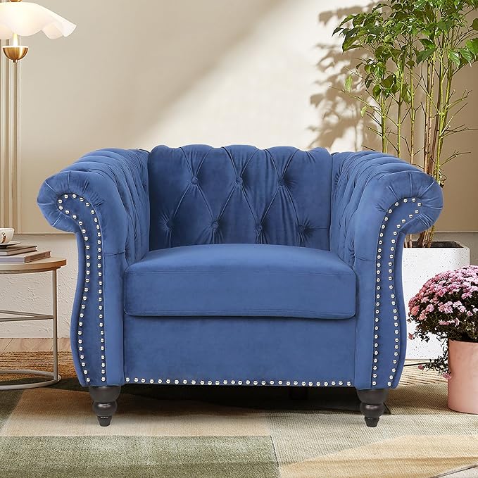 2 Piece Living Room Sofa Set, 3 Seater Velvet Sofa Couch and Chair Set, Mid Century Modern Upholstered Couch with Cushions, Comfy Tufted Chesterfield Couches for Living Room, Bedroom, Office