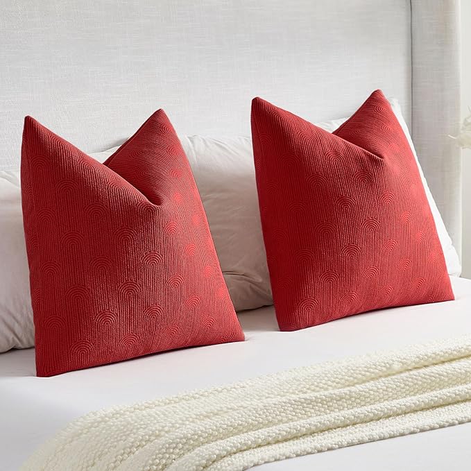 FUTEI Christmas Red Chenille Decorative Throw Pillow Covers 24x24 Inch Set of 2,Soft Cozy Striped Geometric Patterns European Cushion Cases,Modern Home Decor for Couch Bed Living Room