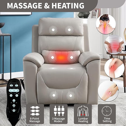 Power Lift Recliner Chair for Elderly People, Dual Motor Lay Flat Recliner with Vibration Massage and Heat, Heavy Duty Motion Mechanism Standing Assistance Reclining Chair, Faux Leather Light Gray