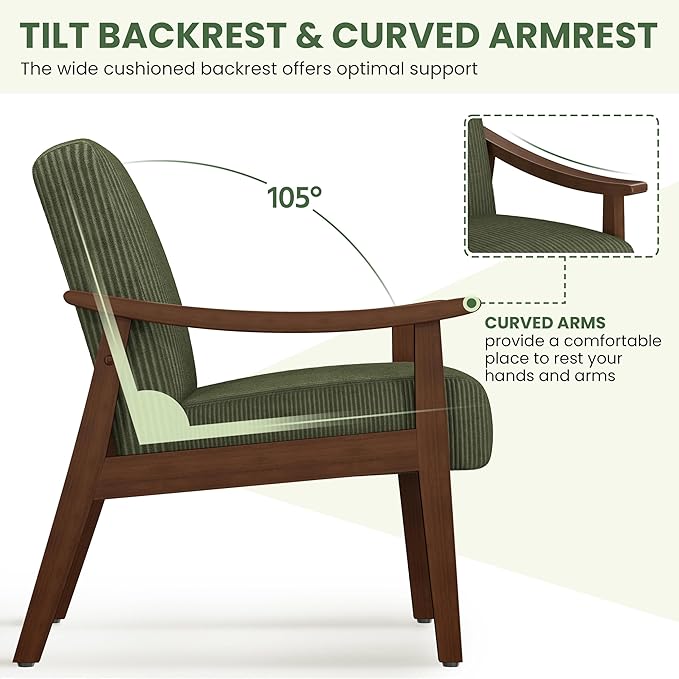 Yaheetech Corduroy Accent Chair, Mid-Century Modern Armchair with Solid Wood Legs, Reading Leisure Chair with High Back for Living Room Bedroom Waiting Room, Set of 2, Dark Green