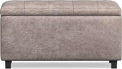 SIMPLIHOME Cosmopolitan Storage Ottoman - 34 inch Wide Upholstered Vegan Leather Rectangle Storage Ottoman Bench in Distressed Grey Taupe, Transitional Tufted Ottoman for Living Room with Lift-Up Lid